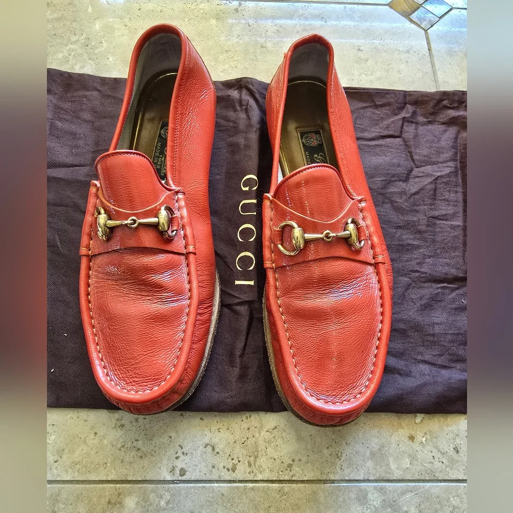 Gucci Red Leather Horsebit Slip-On Loafers